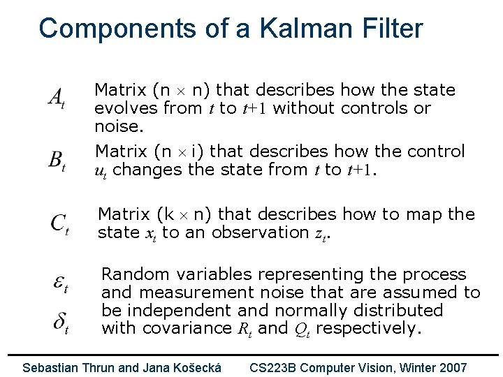 Components of a Kalman Filter Matrix (n n) that describes how the state evolves