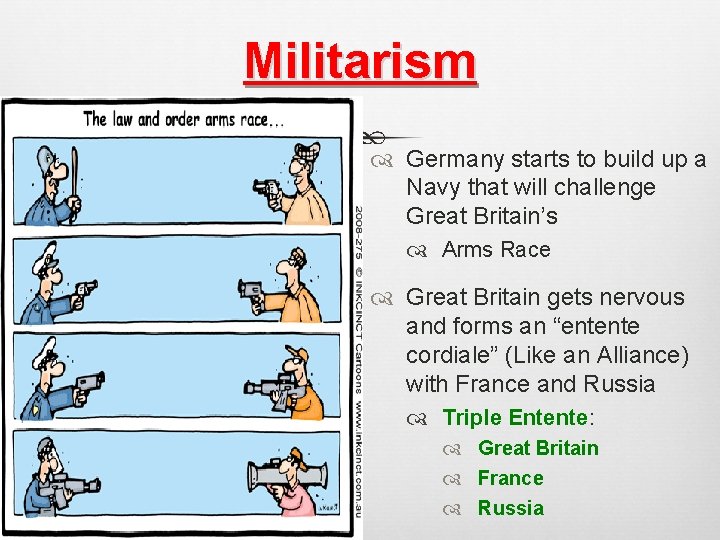 Militarism Germany starts to build up a Navy that will challenge Great Britain’s Arms