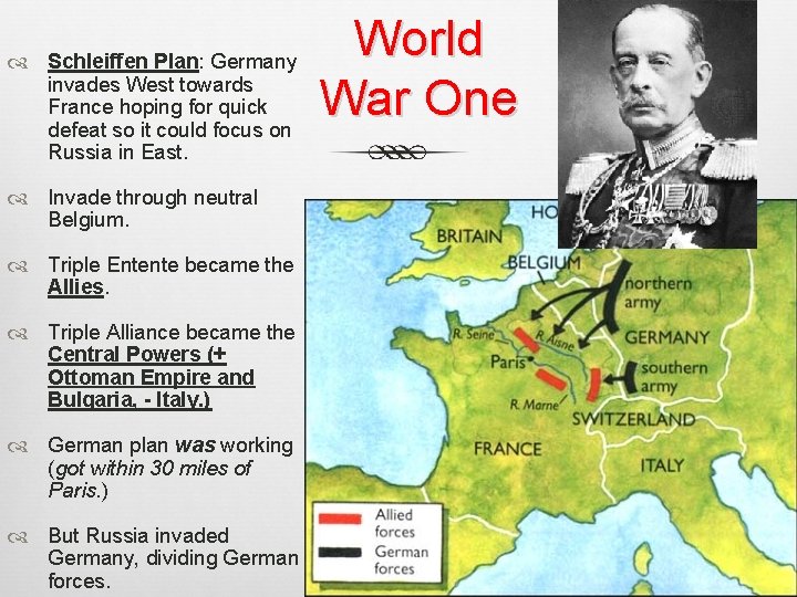 Schleiffen Plan: Germany invades West towards France hoping for quick defeat so it