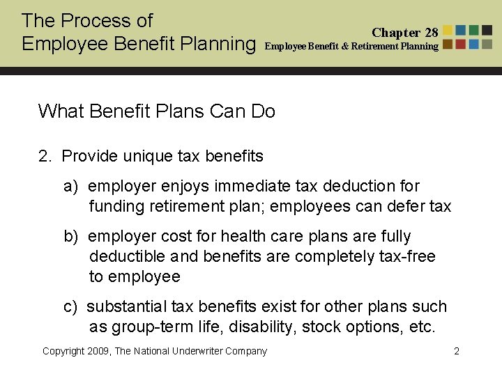 The Process of Employee Benefit Planning Chapter 28 Employee Benefit & Retirement Planning What