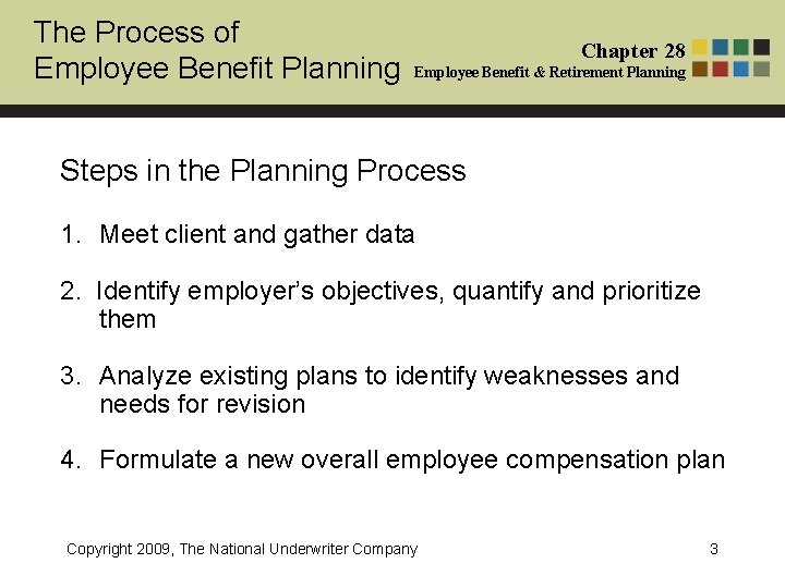 The Process of Employee Benefit Planning Chapter 28 Employee Benefit & Retirement Planning Steps