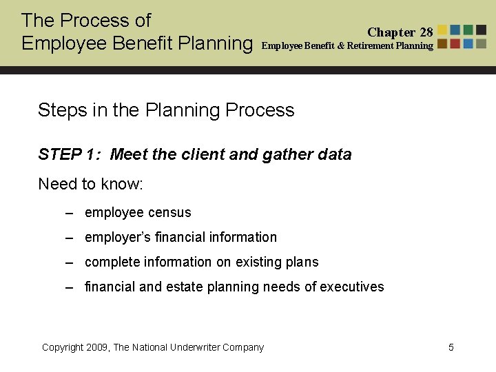 The Process of Employee Benefit Planning Chapter 28 Employee Benefit & Retirement Planning Steps