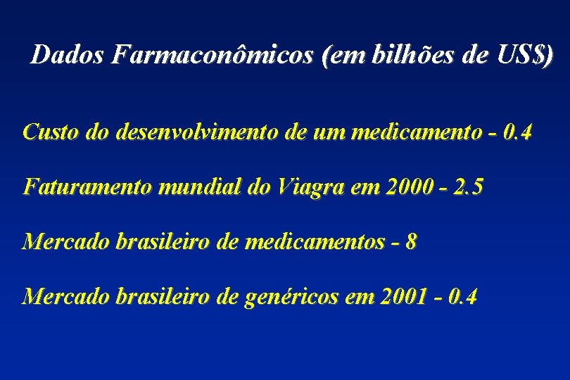 Dados Farmaconômicos (em bilhões de US$) Custo do desenvolvimento de um medicamento - 0.