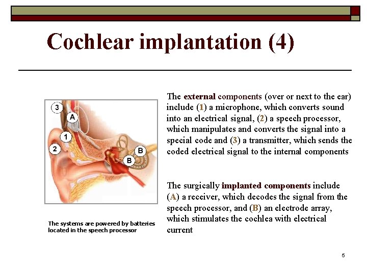 Cochlear implantation (4) The external components (over or next to the ear) include (1)