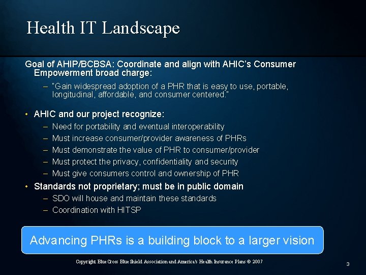 Health IT Landscape Goal of AHIP/BCBSA: Coordinate and align with AHIC’s Consumer Empowerment broad