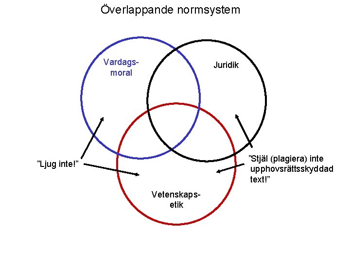 Överlappande normsystem Vardagsmoral Juridik ”Stjäl (plagiera) inte upphovsrättsskyddad text!” ”Ljug inte!” Vetenskapsetik 