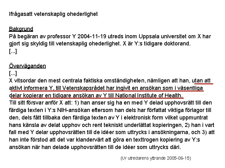 Ifrågasatt vetenskaplig ohederlighet Bakgrund På begäran av professor Y 2004 -11 -19 utreds inom