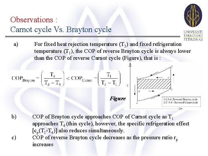 Observations : Carnot cycle Vs. Brayton cycle a) For fixed heat rejection temperature (T