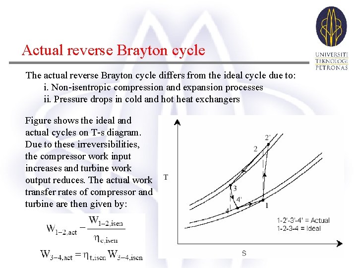 Actual reverse Brayton cycle The actual reverse Brayton cycle differs from the ideal cycle