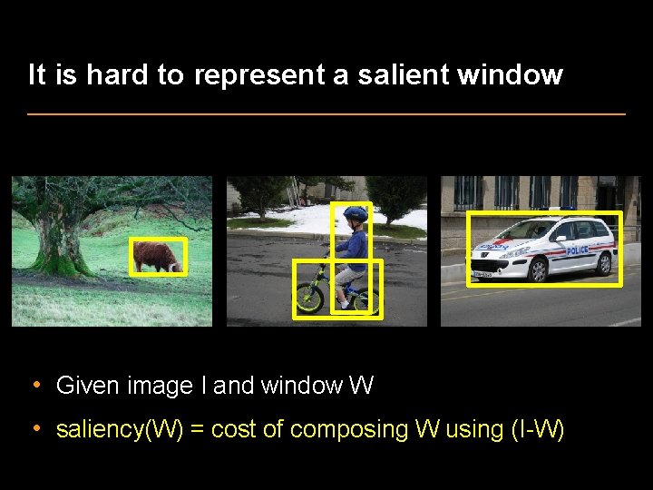 It is hard to represent a salient window • Given image I and window