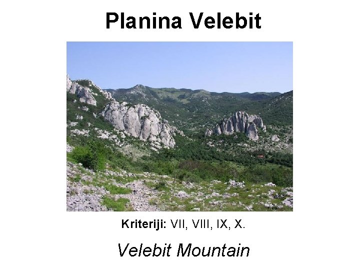 Planina Velebit Kriteriji: VII, VIII, IX, X. Velebit Mountain Planina Velebit Kriteriji: VII, VIII, IX, X. Velebit Mountain