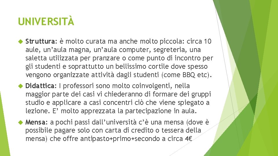 UNIVERSITÀ Struttura: è molto curata ma anche molto piccola: circa 10 aule, un’aula magna,