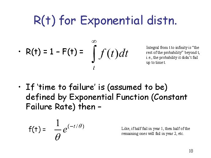 R(t) for Exponential distn. • R(t) = 1 – F(t) = Integral from t
