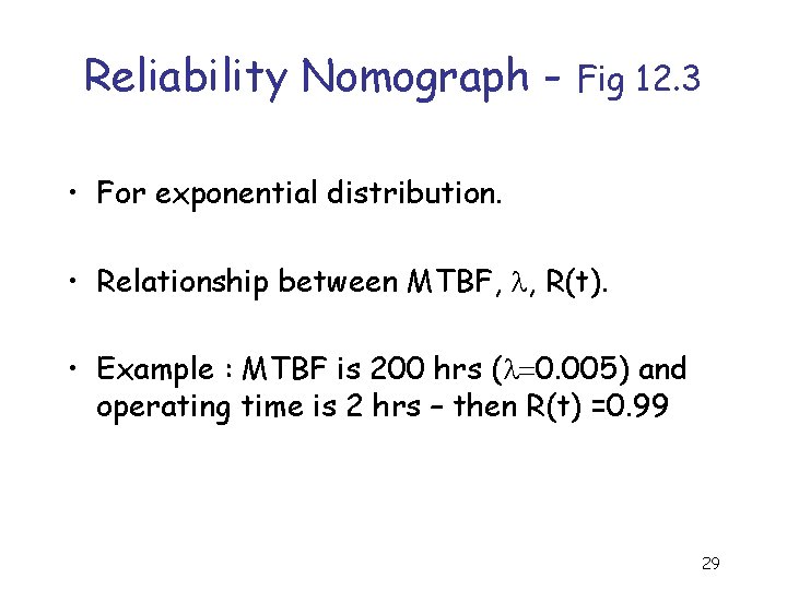 Reliability Nomograph - Fig 12. 3 • For exponential distribution. • Relationship between MTBF,