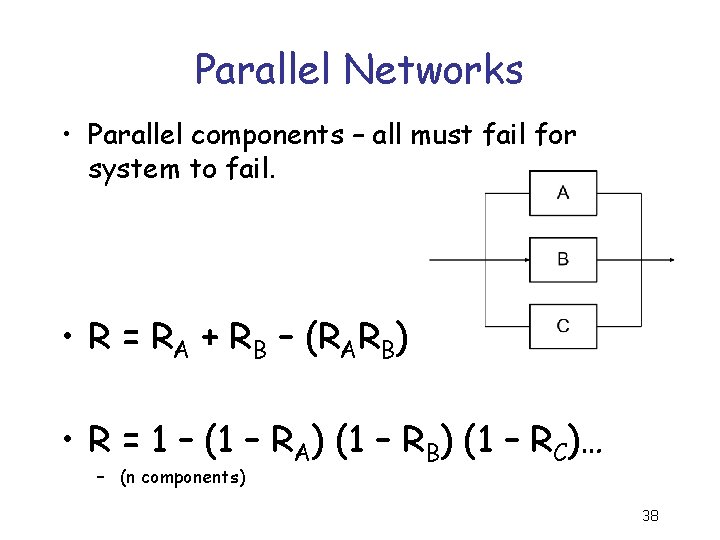 Parallel Networks • Parallel components – all must fail for system to fail. •