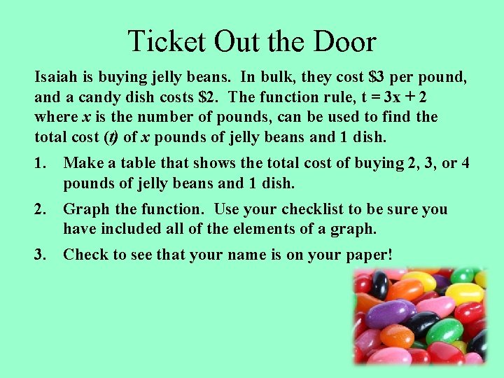 Ticket Out the Door Isaiah is buying jelly beans. In bulk, they cost $3