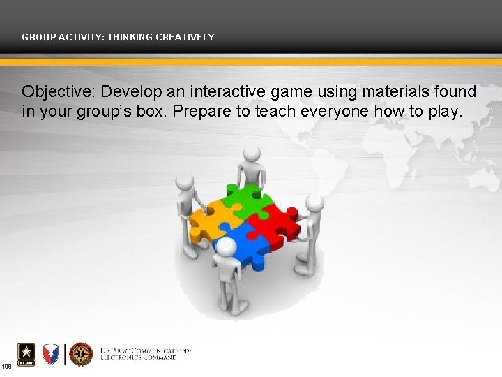 GROUP ACTIVITY: THINKING CREATIVELY Objective: Develop an interactive game using materials found in your