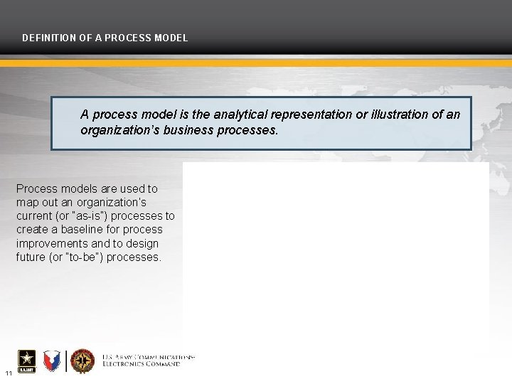 DEFINITION OF A PROCESS MODEL A process model is the analytical representation or illustration