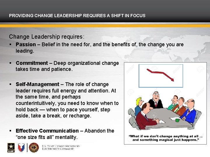 PROVIDING CHANGE LEADERSHIP REQUIRES A SHIFT IN FOCUS Change Leadership requires: Passion – Belief