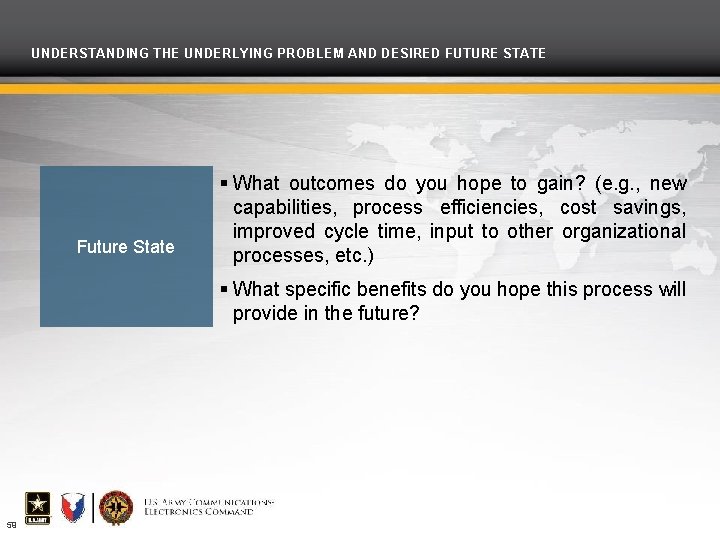 UNDERSTANDING THE UNDERLYING PROBLEM AND DESIRED FUTURE STATE Future State What outcomes do you