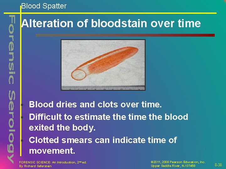 Blood Spatter Alteration of bloodstain over time § § § Blood dries and clots