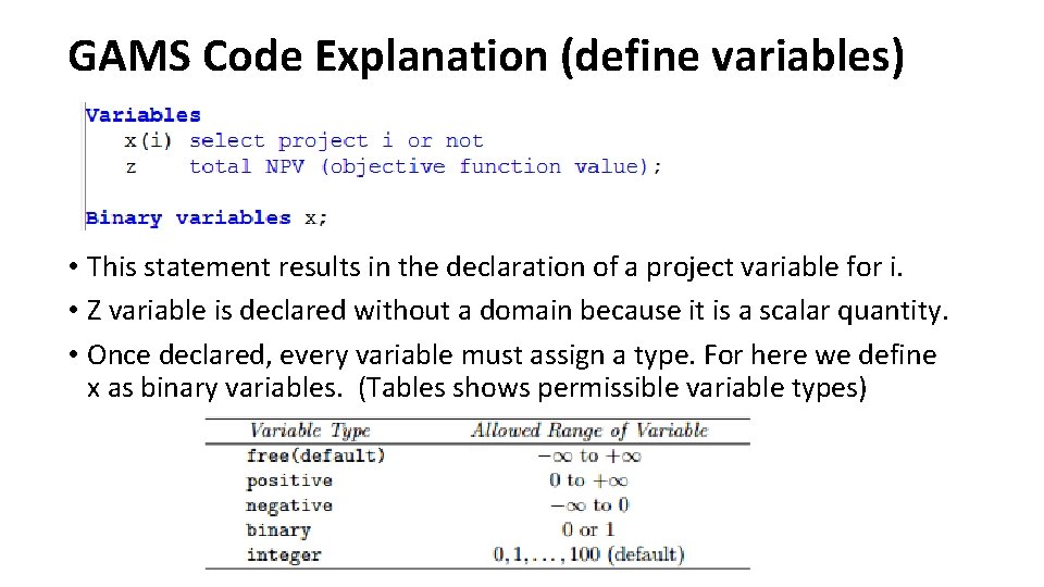 GAMS Code Explanation (define variables) • This statement results in the declaration of a