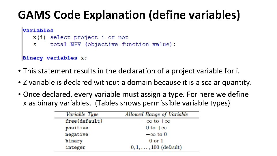 GAMS Code Explanation (define variables) • This statement results in the declaration of a GAMS Code Explanation (define variables) • This statement results in the declaration of a