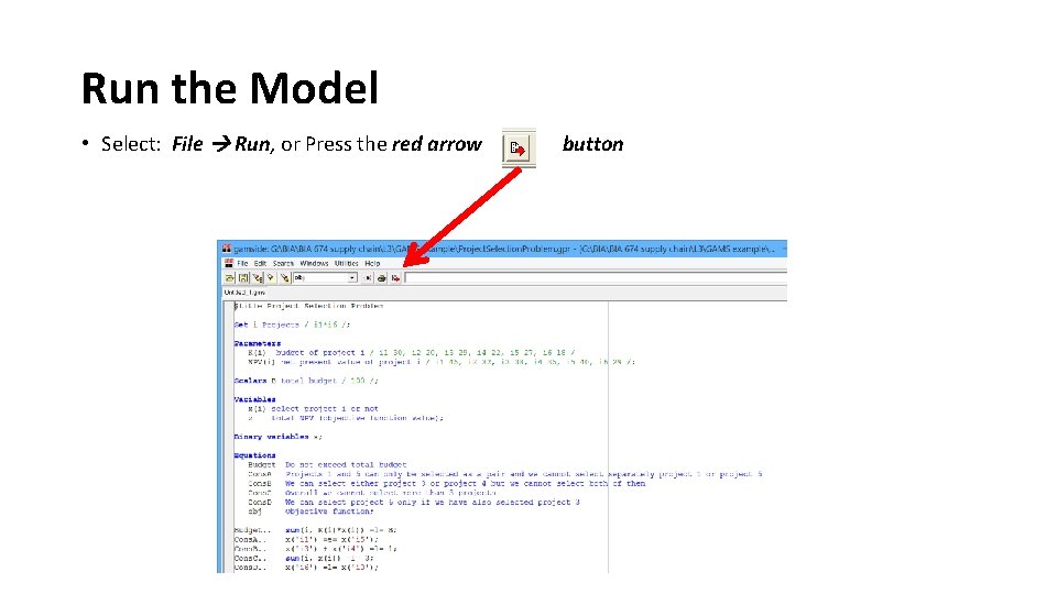 Run the Model • Select: File Run, or Press the red arrow button 