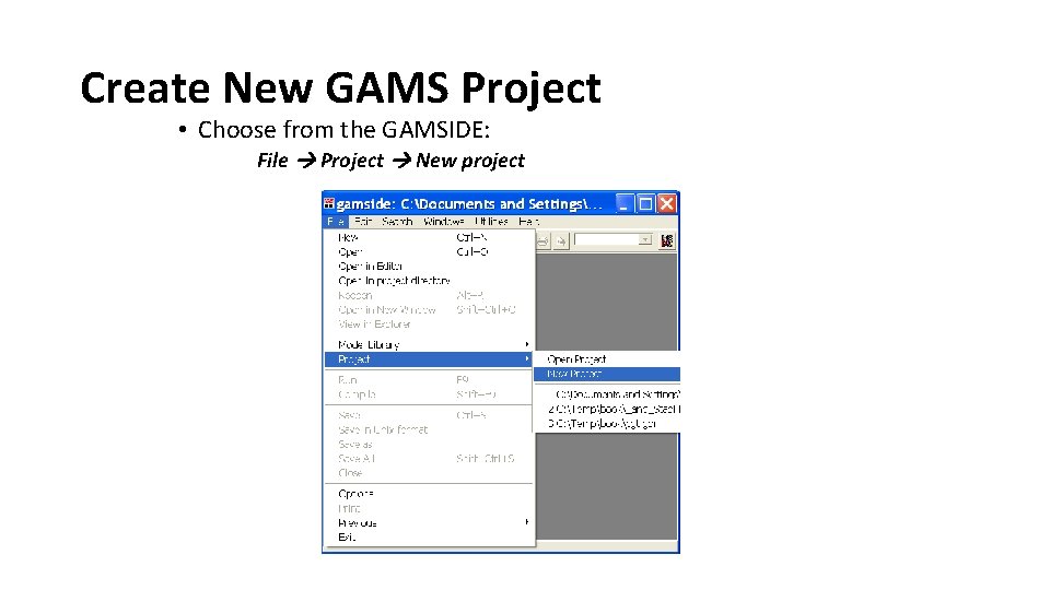 Create New GAMS Project • Choose from the GAMSIDE: File Project New project 