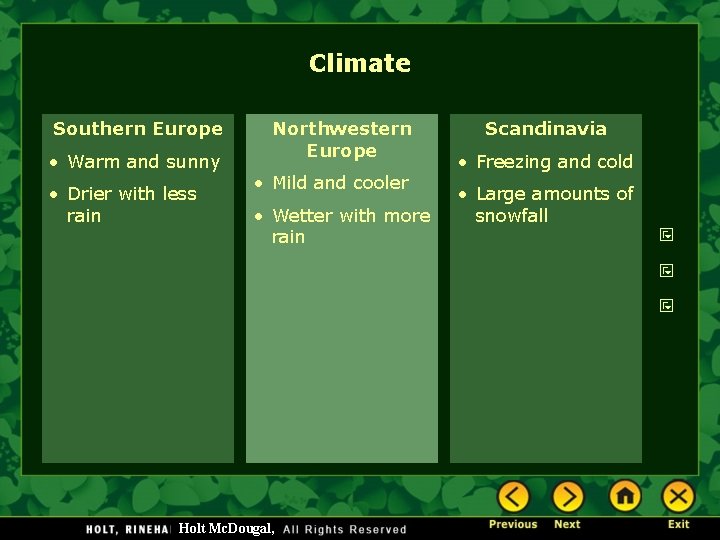 Climate Southern Europe • Warm and sunny • Drier with less rain Northwestern Europe