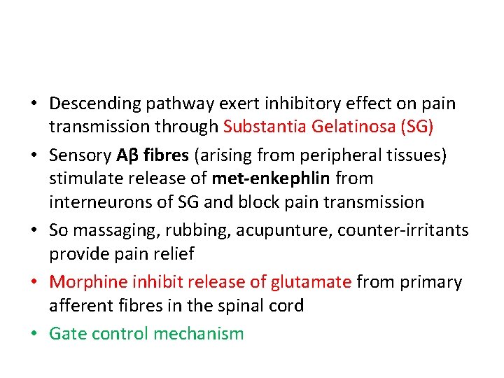  • Descending pathway exert inhibitory effect on pain transmission through Substantia Gelatinosa (SG)