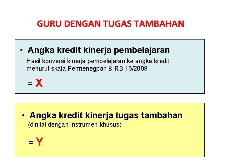 GURU DENGAN TUGAS TAMBAHAN • Angka kredit kinerja pembelajaran Hasil konversi kinerja pembelajaran ke