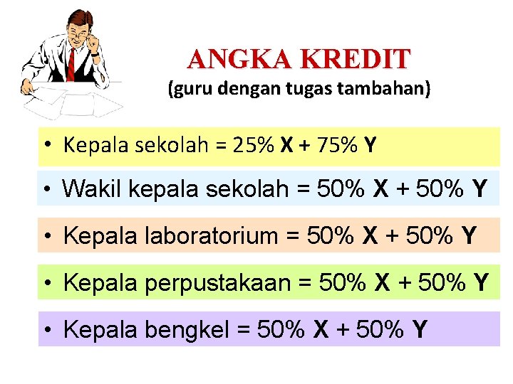 ANGKA KREDIT (guru dengan tugas tambahan) • Kepala sekolah = 25% X + 75%