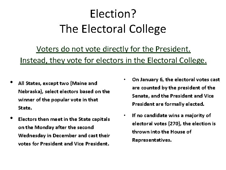 Election? The Electoral College Voters do not vote directly for the President. Instead, they