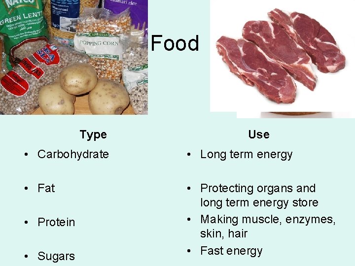 Food Type Use • Carbohydrate • Long term energy • Fat • Protecting organs