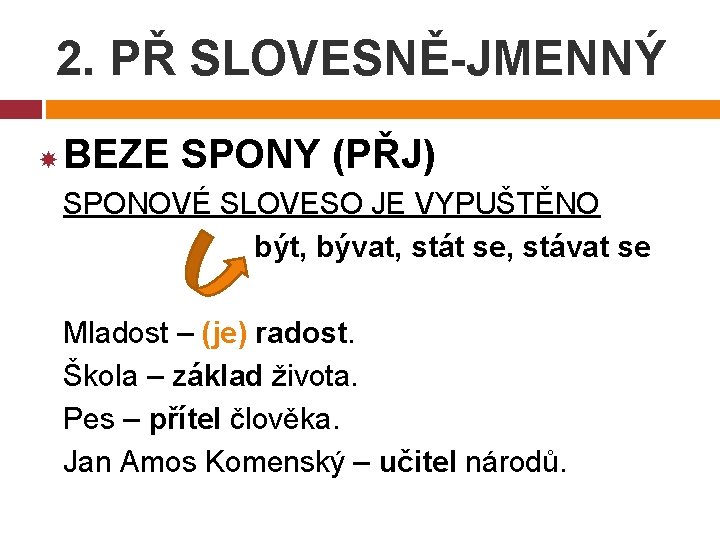 2. PŘ SLOVESNĚ-JMENNÝ BEZE SPONY (PŘJ) SPONOVÉ SLOVESO JE VYPUŠTĚNO být, bývat, stát se,