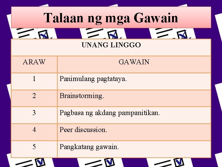 Talaan ng mga Gawain UNANG LINGGO ARAW GAWAIN 1 Panimulang pagtataya. 2 Brainstorming. 3