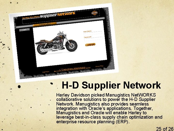 H-D Supplier Network Harley Davidson picked Manugistics Net. WORKS collaborative solutions to power the