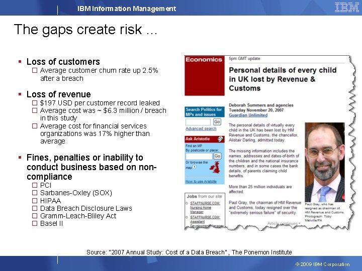 IBM Information Management The gaps create risk … § Loss of customers � Average
