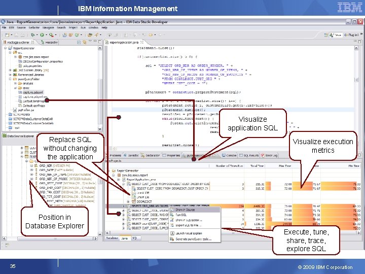 IBM Information Management Visualize application SQL Replace SQL without changing the application Position in
