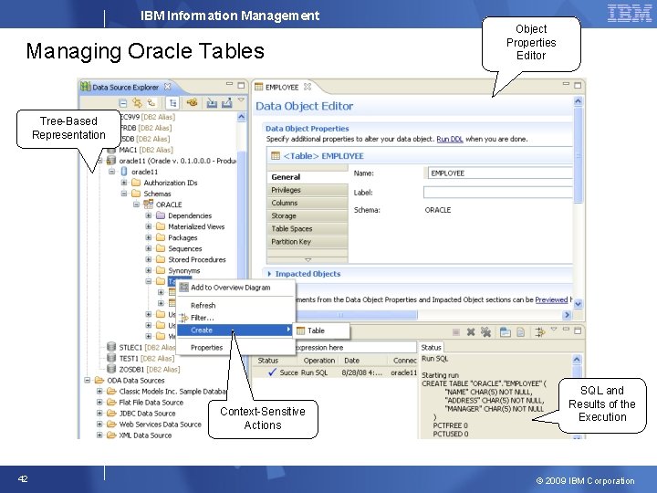 IBM Information Management Managing Oracle Tables Object Properties Editor Tree-Based Representation Context-Sensitive Actions 42