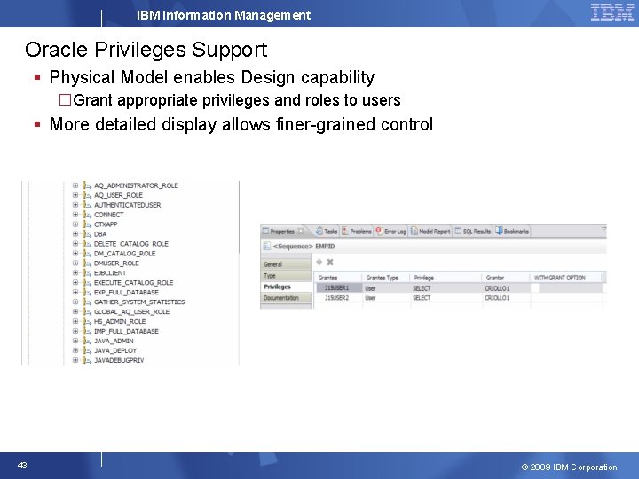IBM Information Management Oracle Privileges Support § Physical Model enables Design capability �Grant appropriate