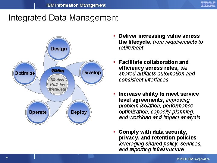 IBM Information Management Integrated Data Management § Deliver increasing value across the lifecycle, from