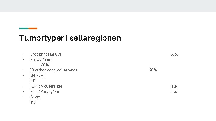 Tumortyper i sellaregionen - Endokrint inaktive Prolaktinom 30% Veksthormonproduserende LH/FSH 2% TSH produserende Kraniofaryngiom