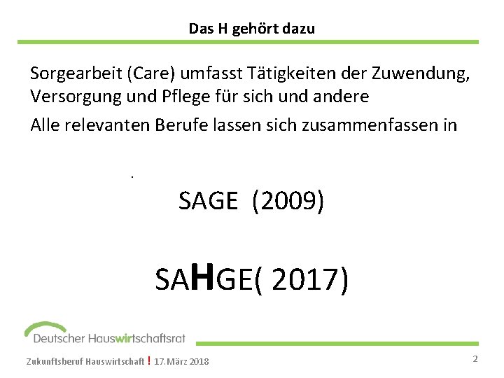 Das H gehört dazu Sorgearbeit (Care) umfasst Tätigkeiten der Zuwendung, Versorgung und Pflege für