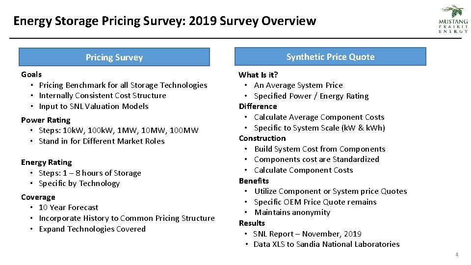Energy Storage Pricing Survey: 2019 Survey Overview Pricing Survey Goals • Pricing Benchmark for