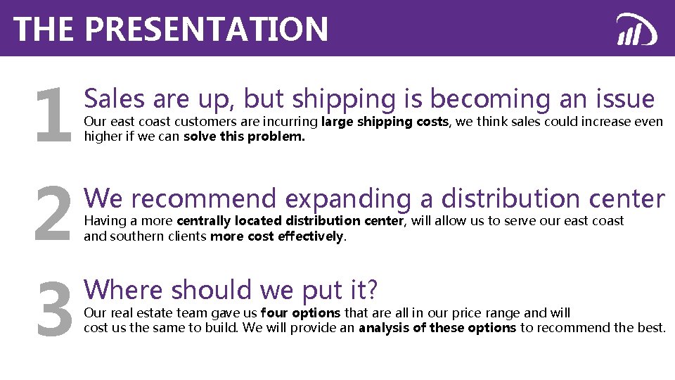 THE PRESENTATION 1 2 3 Sales are up, but shipping is becoming an issue