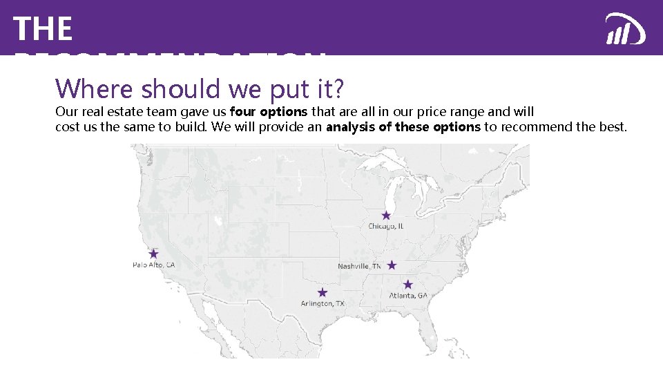 THE RECOMMENDATION Where should we put it? Our real estate team gave us four