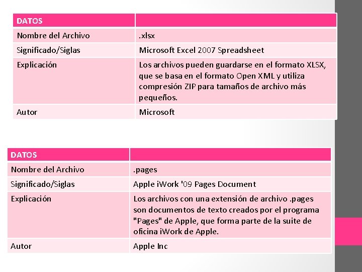DATOS Nombre del Archivo . xlsx Significado/Siglas Microsoft Excel 2007 Spreadsheet Explicación Los archivos