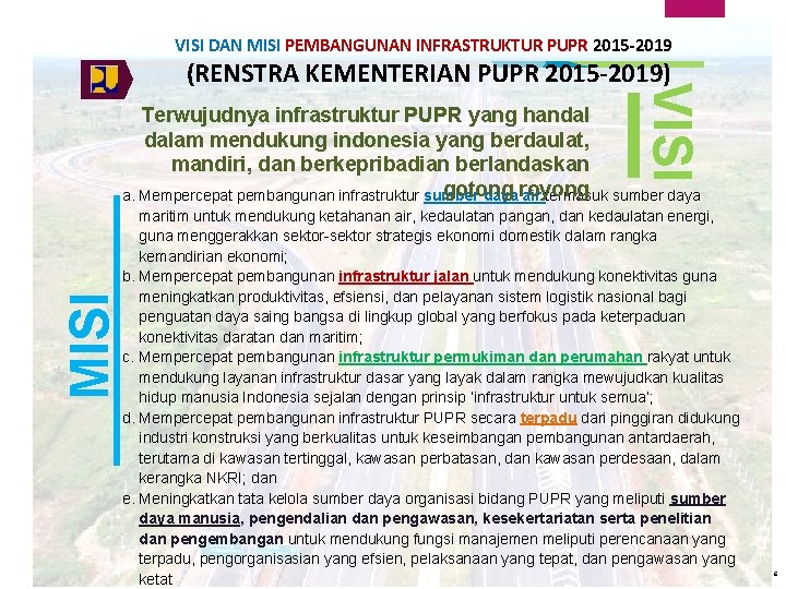 VISI DAN MISI PEMBANGUNAN INFRASTRUKTUR PUPR 2015 -2019 VISI (RENSTRA KEMENTERIAN PUPR 2015 -2019)